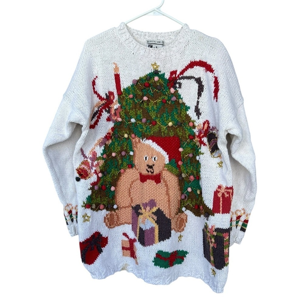 Vintage 80’s Crystal Kobe Christmas Teddy Bear Sweater - Size Large Women’s - Picture 5 of 12